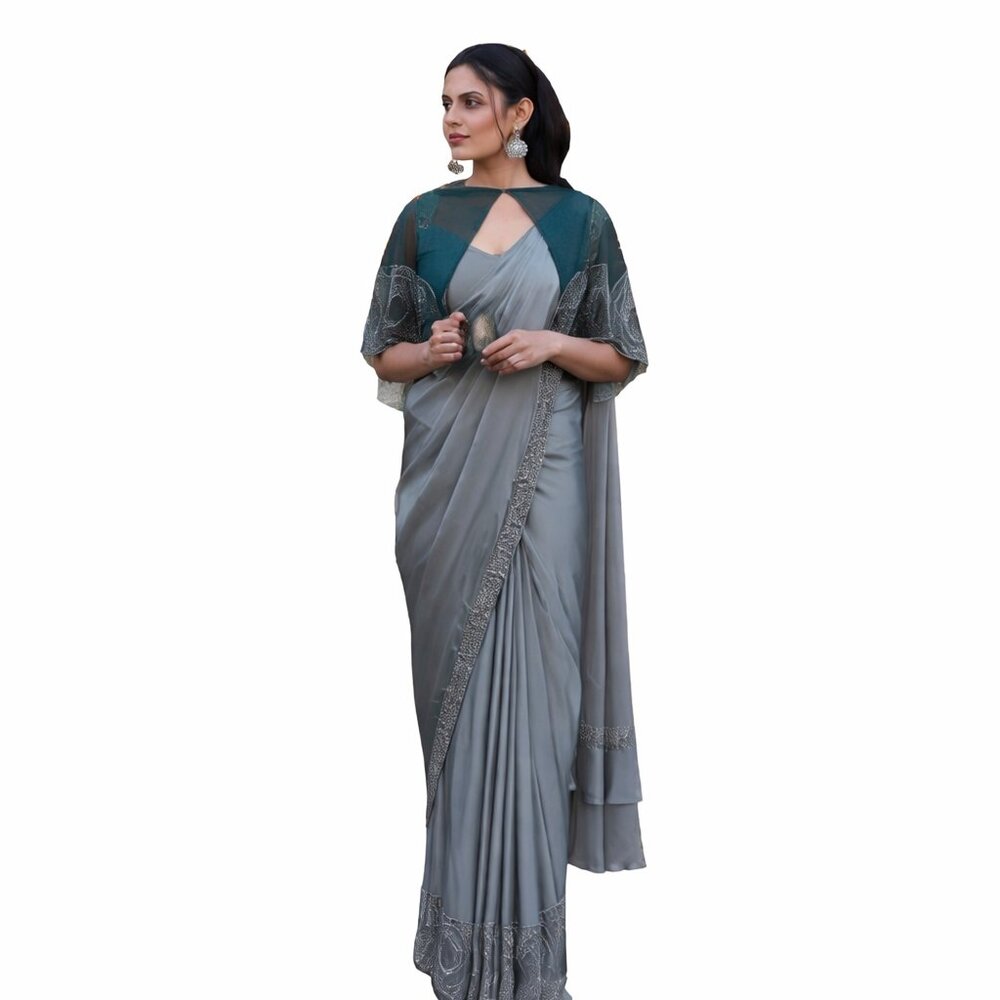 Elegant Ombre Satin Saree with Cape Sleeves for Formal and Festive Occasions